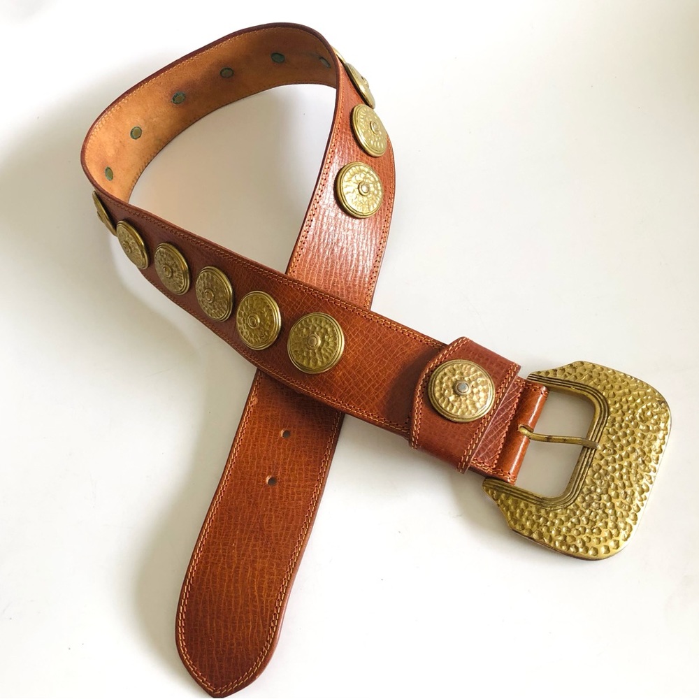 Linea Pelle Cognac Wide Leather Belt With Brass Conchos